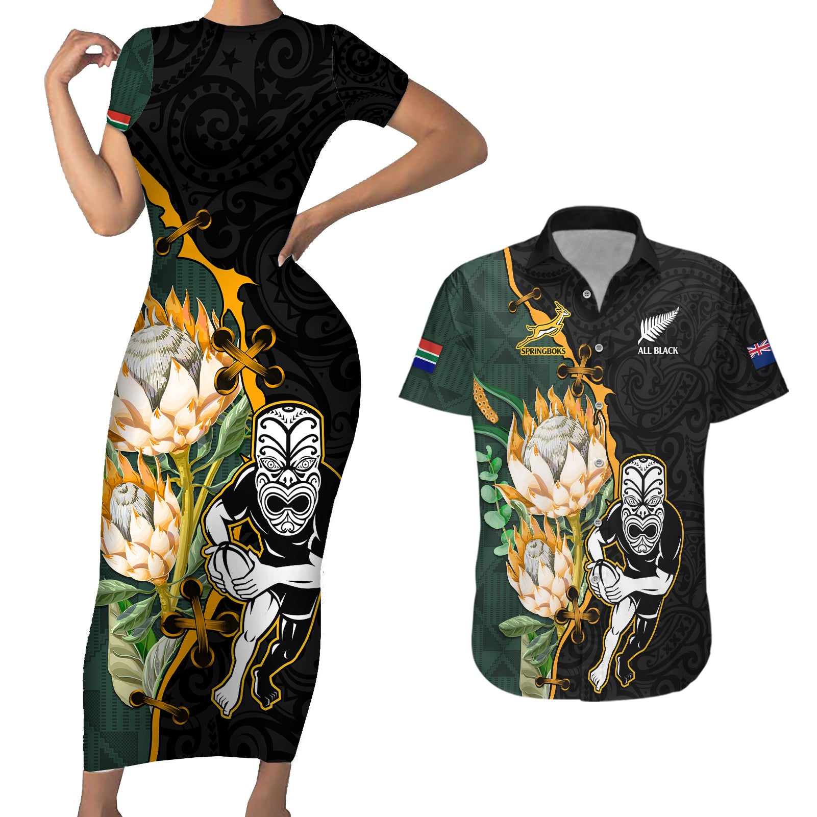 South Africa Protea and New Zealand Couples Matching Short Sleeve Bodycon Dress and Hawaiian Shirt Go All Black-Springboks Rugby with Kente And Maori LT9 - Wonder Print Shop