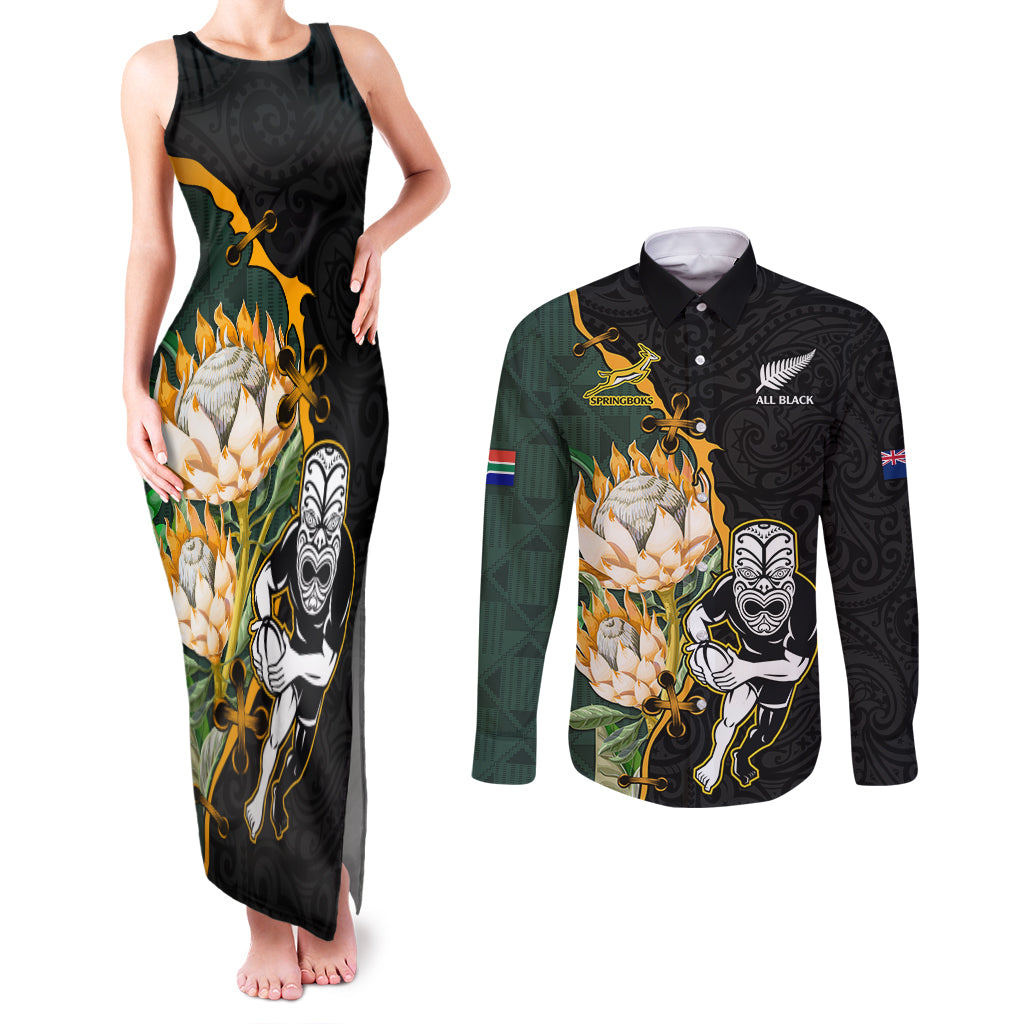 South Africa Protea and New Zealand Couples Matching Tank Maxi Dress and Long Sleeve Button Shirts Go All Black-Springboks Rugby with Kente And Maori LT9 - Wonder Print Shop