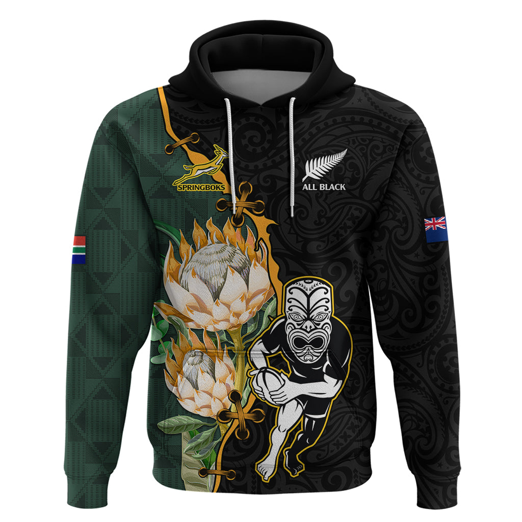 South Africa Protea and New Zealand Hoodie Go All Black-Springboks Rugby with Kente And Maori - Wonder Print Shop