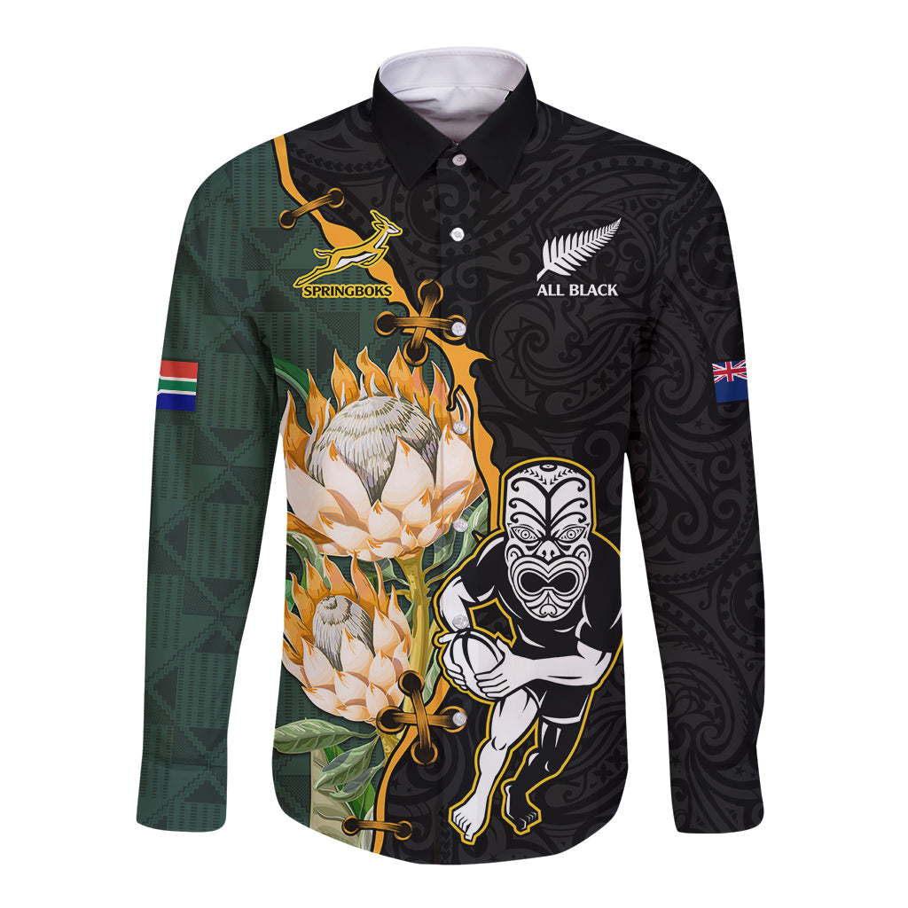 Long-sleeve button shirt, black and green with protea flower and rugby graphic