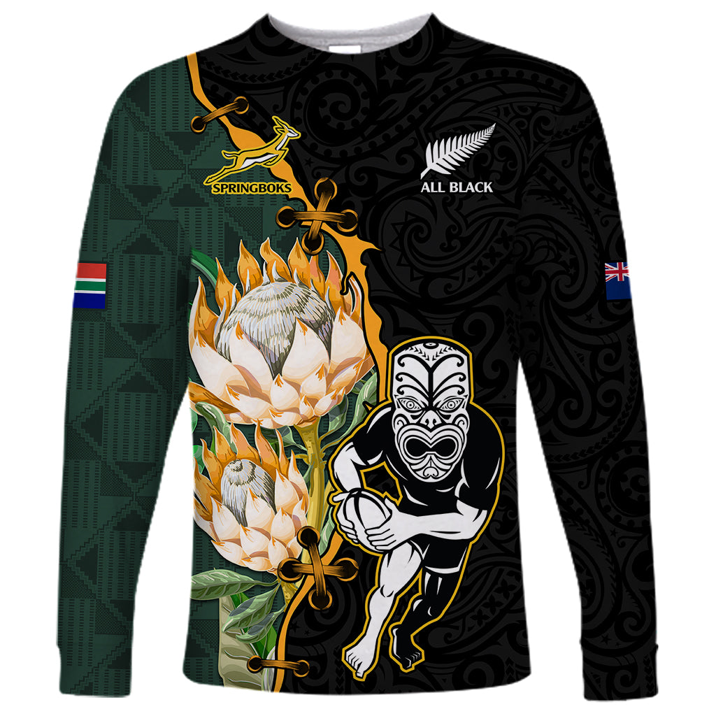 South Africa Protea and New Zealand Long Sleeve Shirt Go All Black-Springboks Rugby with Kente And Maori - Wonder Print Shop