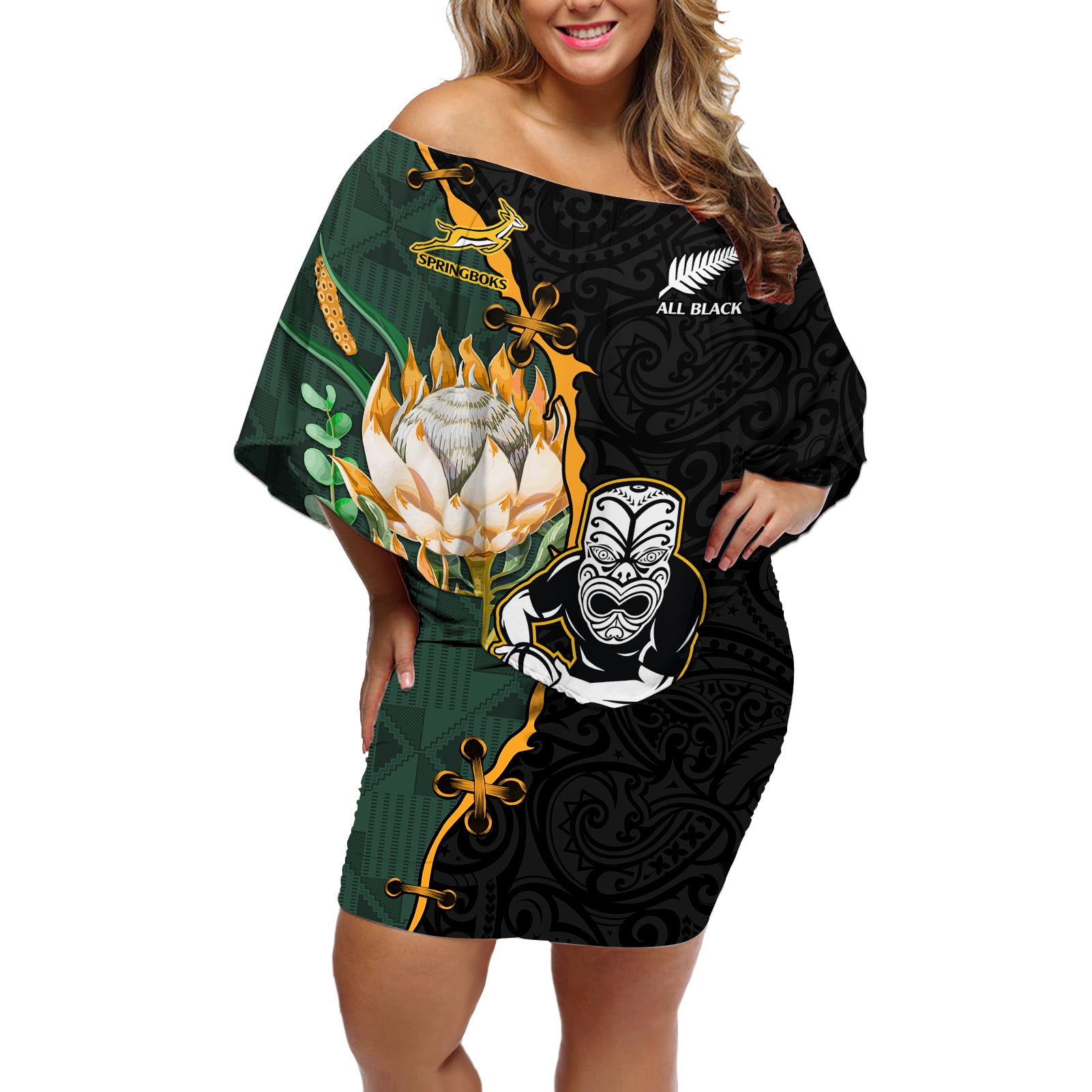 South Africa Protea and New Zealand Off Shoulder Short Dress Go All Black-Springboks Rugby with Kente And Maori - Wonder Print Shop