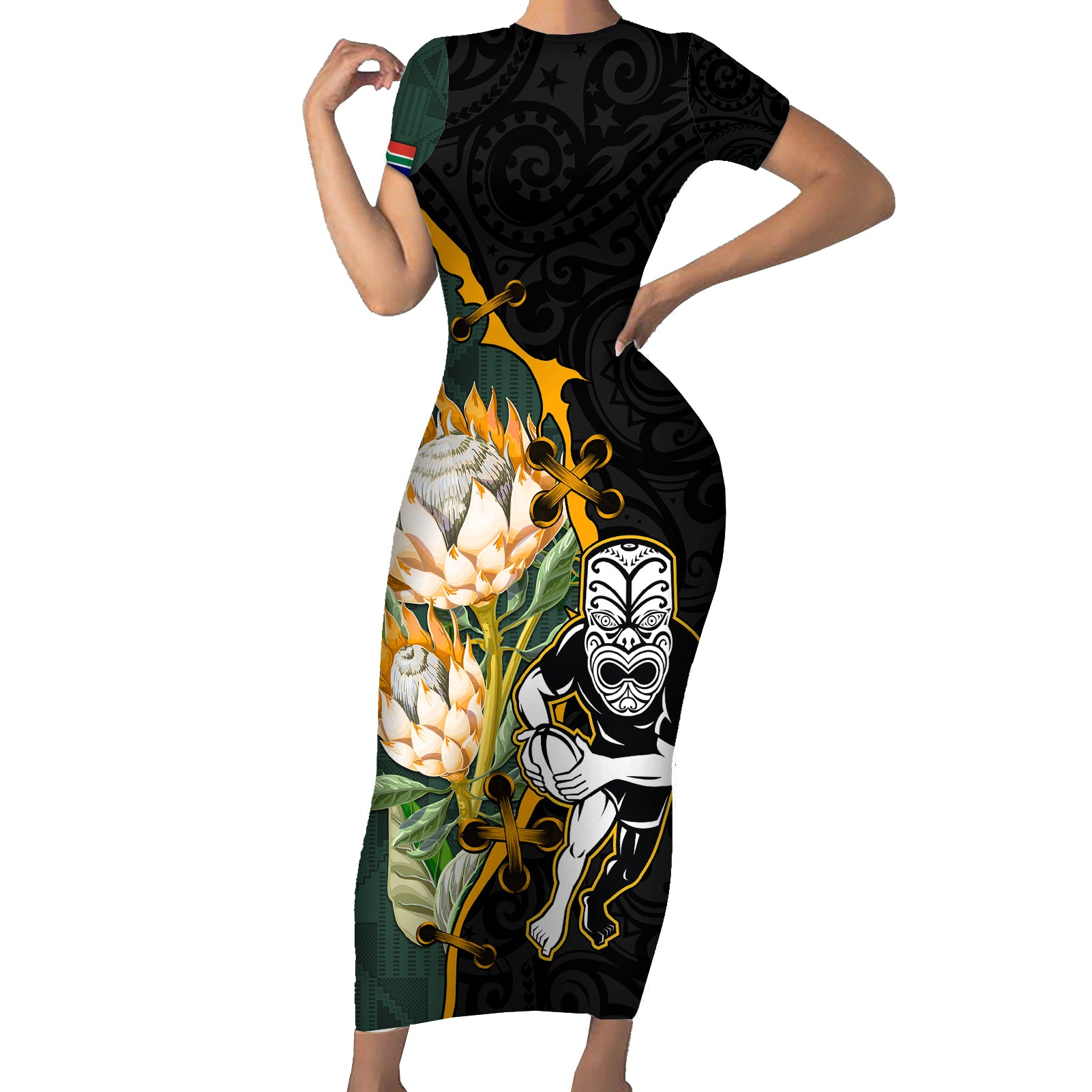 south-africa-protea-and-new-zealand-short-sleeve-bodycon-dress-go-all-black-springboks-rugby-with-kente-and-maori