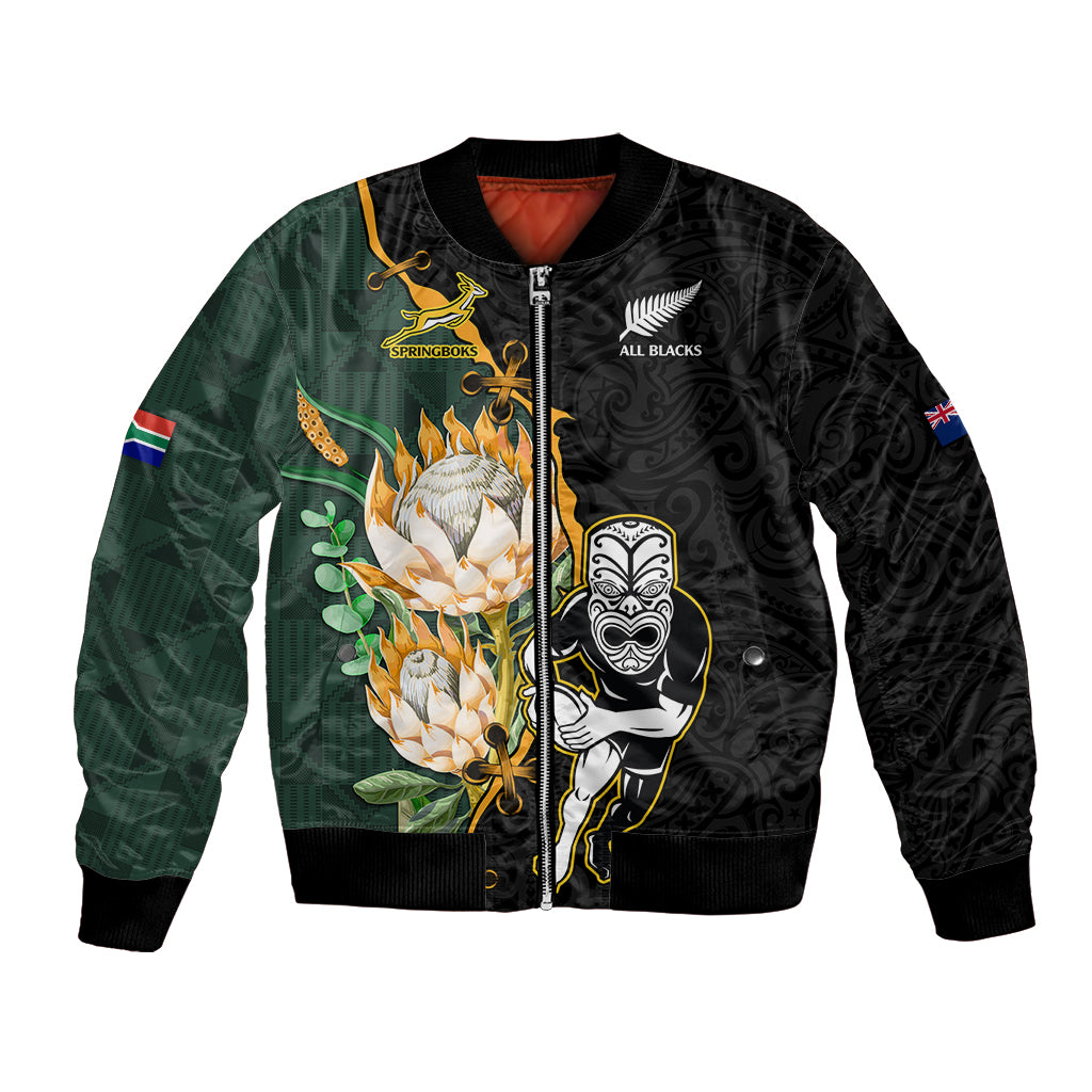 Custom South Africa Protea and New Zealand Bomber Jacket Go All Black-Springboks Rugby with Kente And Maori LT9 - Wonder Print Shop