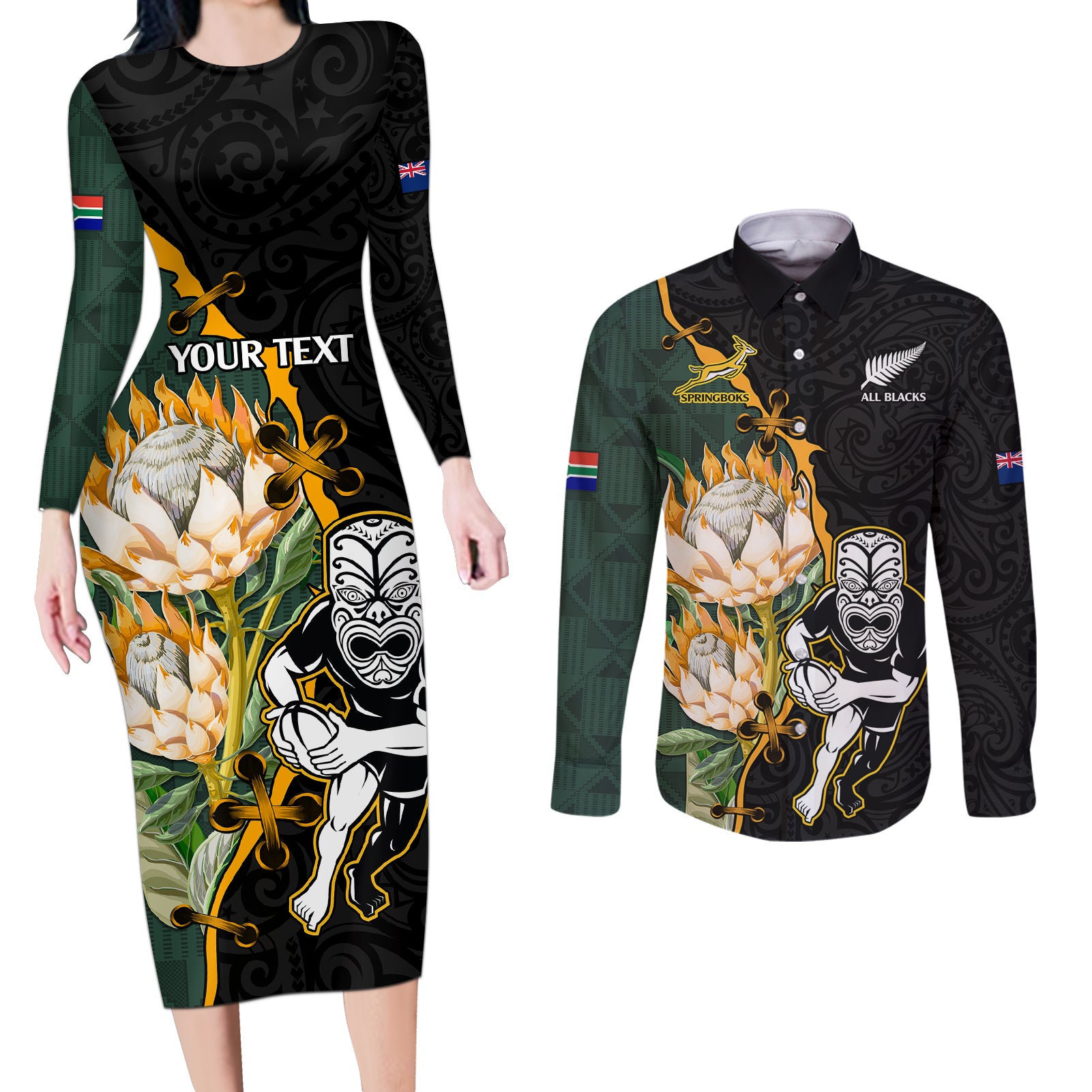 Custom South Africa Protea and New Zealand Couples Matching Long Sleeve Bodycon Dress and Long Sleeve Button Shirts Go All Black-Springboks Rugby with Kente And Maori LT9 - Wonder Print Shop