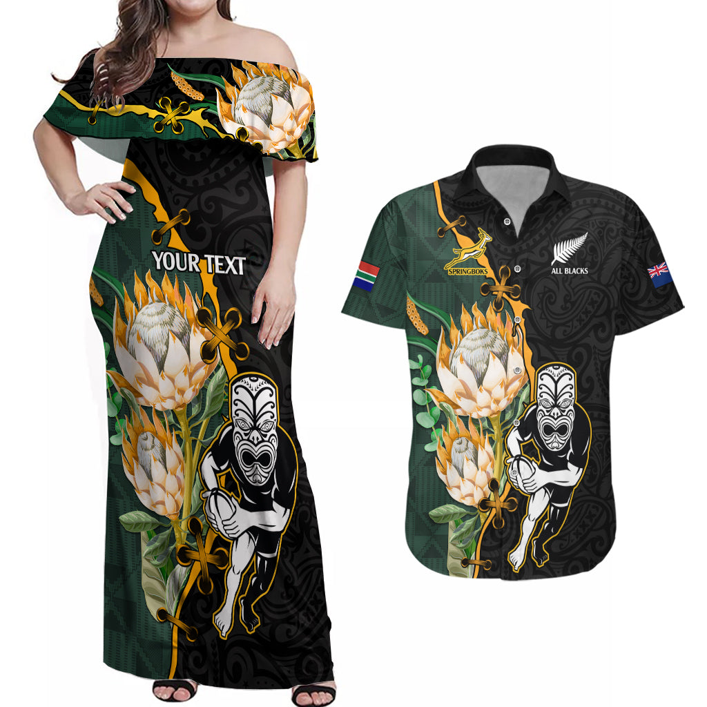 Custom South Africa Protea and New Zealand Couples Matching Off Shoulder Maxi Dress and Hawaiian Shirt Go All Black-Springboks Rugby with Kente And Maori LT9 - Wonder Print Shop