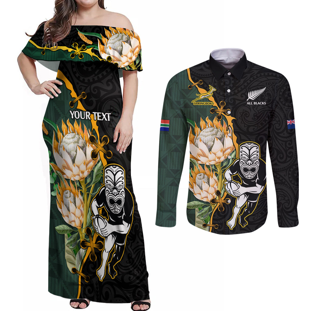 Custom South Africa Protea and New Zealand Couples Matching Off Shoulder Maxi Dress and Long Sleeve Button Shirts Go All Black-Springboks Rugby with Kente And Maori LT9 - Wonder Print Shop