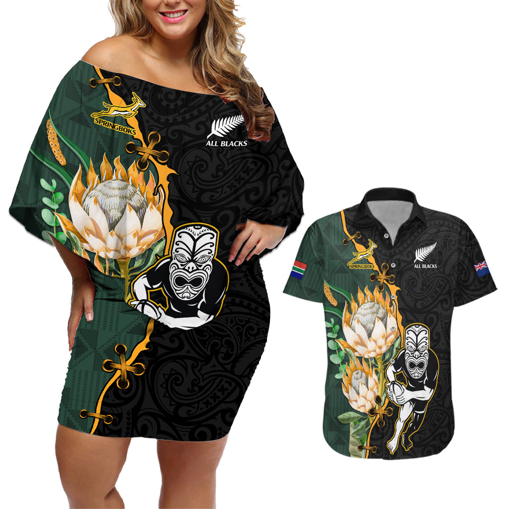 Custom South Africa Protea and New Zealand Couples Matching Off Shoulder Short Dress and Hawaiian Shirt Go All Black-Springboks Rugby with Kente And Maori LT9