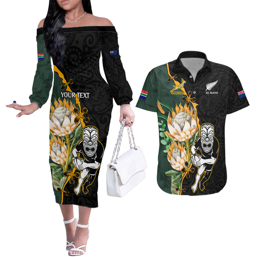 Custom South Africa Protea and New Zealand Couples Matching Off The Shoulder Long Sleeve Dress and Hawaiian Shirt Go All Black-Springboks Rugby with Kente And Maori LT9 - Wonder Print Shop