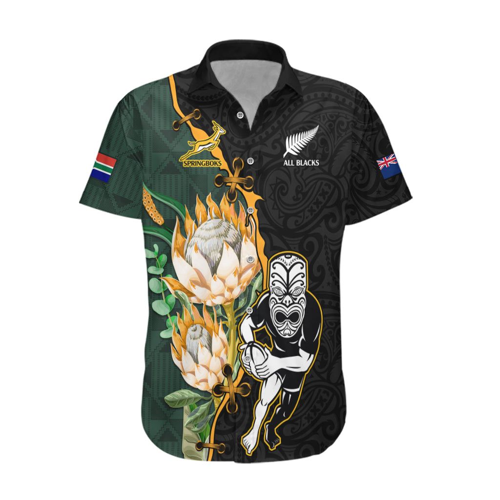 Custom South Africa Protea and New Zealand Hawaiian Shirt Go All Black-Springboks Rugby with Kente And Maori - Wonder Print Shop