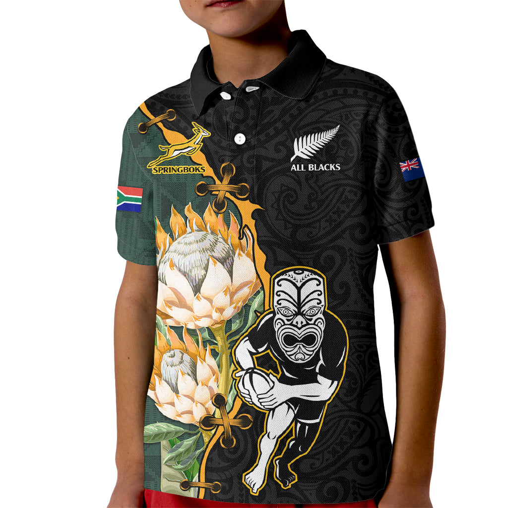 Custom South Africa Protea and New Zealand Kid Polo Shirt Go All Black-Springboks Rugby with Kente And Maori - Wonder Print Shop