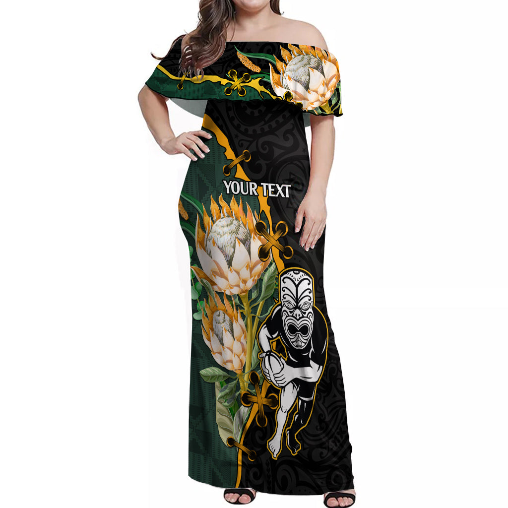 Custom South Africa Protea and New Zealand Off Shoulder Maxi Dress Go All Black-Springboks Rugby with Kente And Maori - Wonder Print Shop