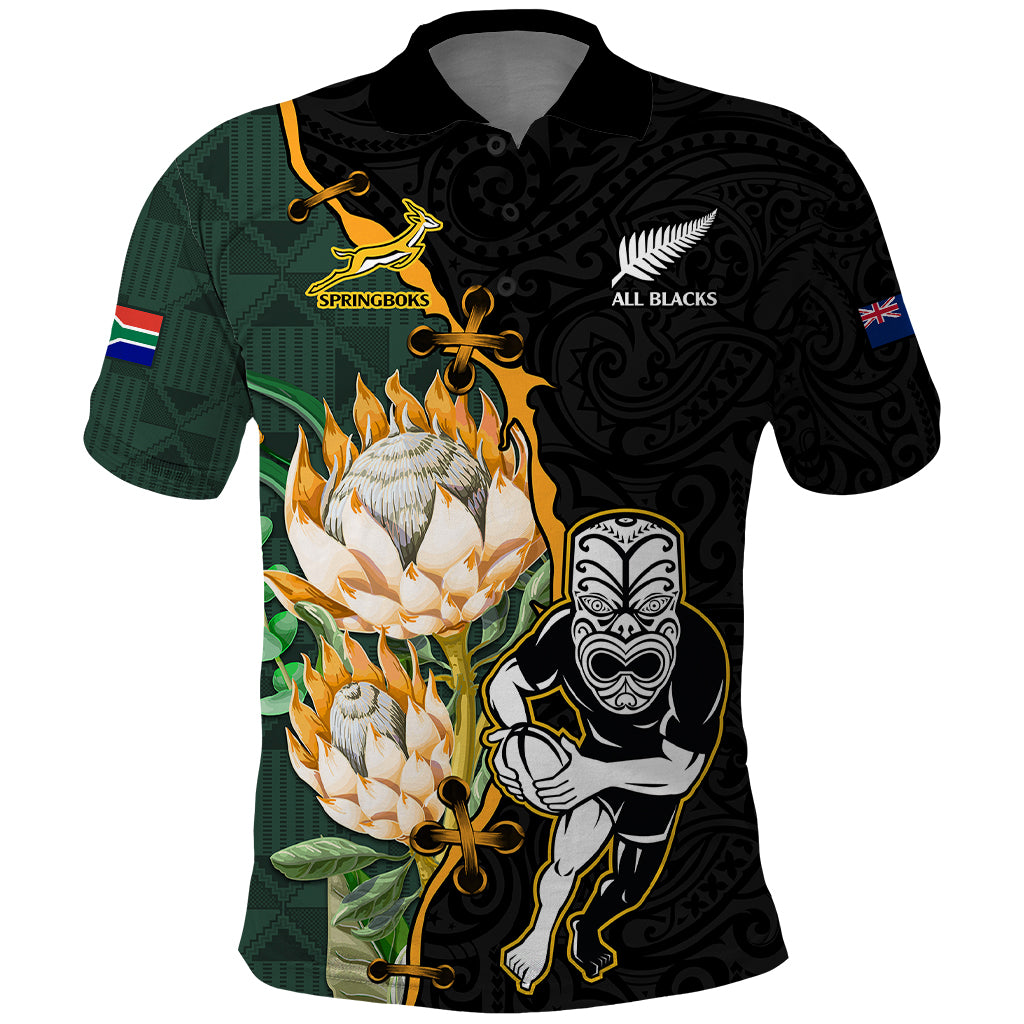 Custom South Africa Protea and New Zealand Polo Shirt Go All Black-Springboks Rugby with Kente And Maori - Wonder Print Shop