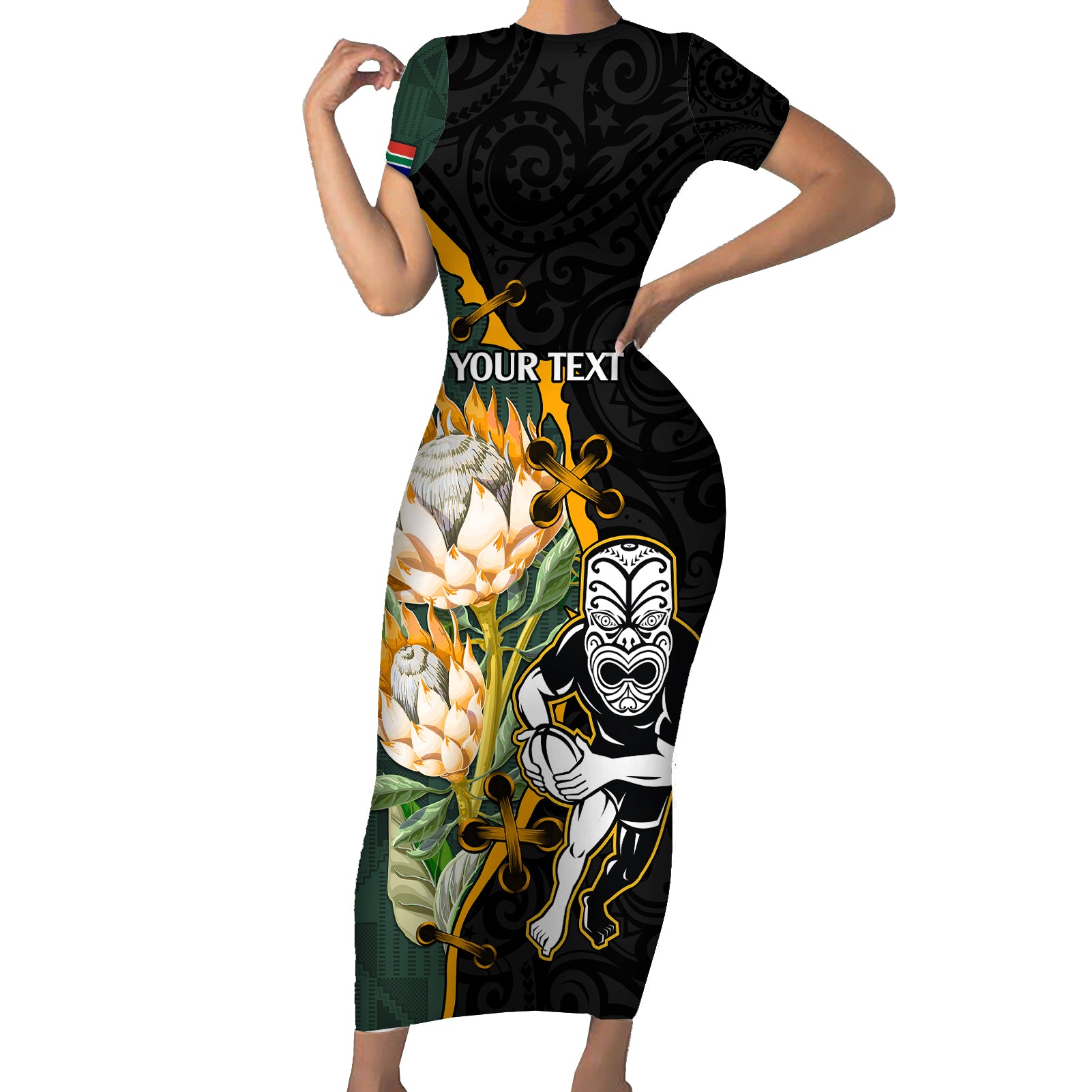 Custom South Africa Protea and New Zealand Short Sleeve Bodycon Dress Go All Black-Springboks Rugby with Kente And Maori - Wonder Print Shop