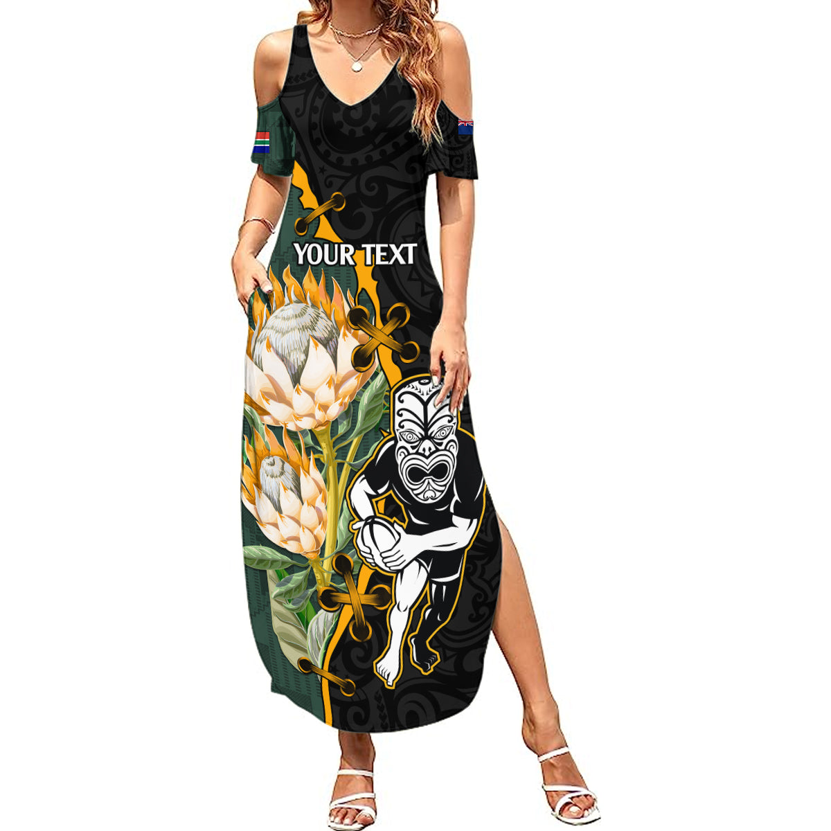 Custom South Africa Protea and New Zealand Summer Maxi Dress Go All Black-Springboks Rugby with Kente And Maori - Wonder Print Shop