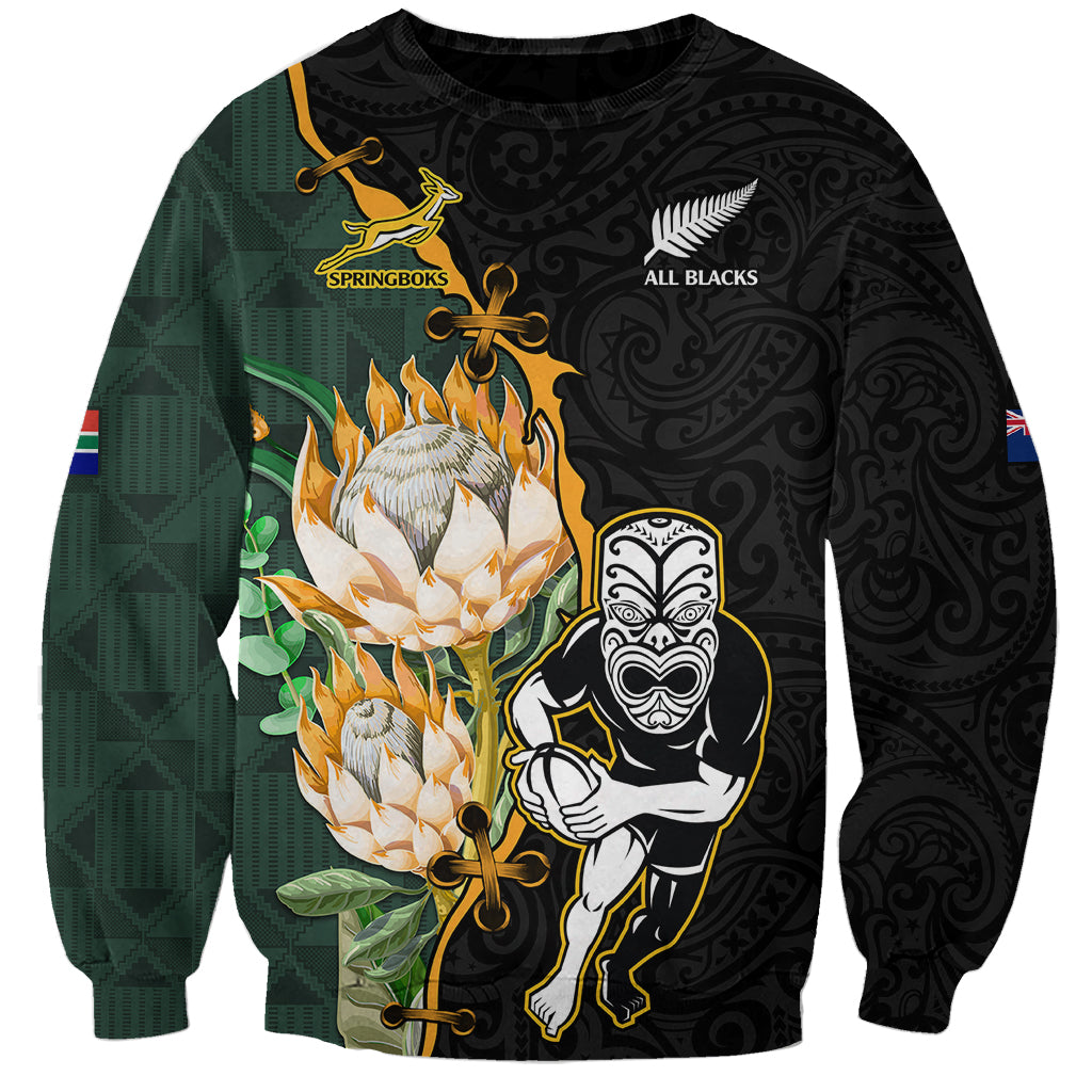 Custom South Africa Protea and New Zealand Sweatshirt Go All Black-Springboks Rugby with Kente And Maori - Wonder Print Shop