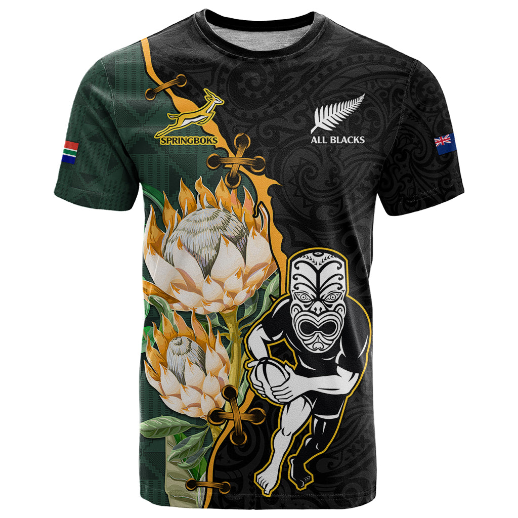 Custom South Africa Protea and New Zealand T Shirt Go All Black-Springboks Rugby with Kente And Maori - Wonder Print Shop