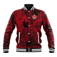 Red geometric baseball jacket with white-striped ribbed collar, snap buttons, Canada crest