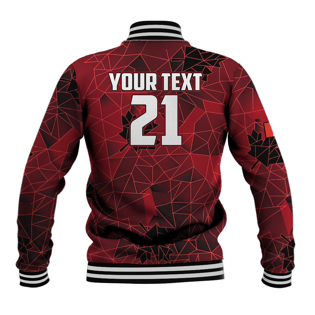 Red geometric baseball jacket back with 'YOUR TEXT' and 21, striped ribbed hem