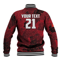Red geometric baseball jacket back with 'YOUR TEXT' and 21, striped ribbed hem