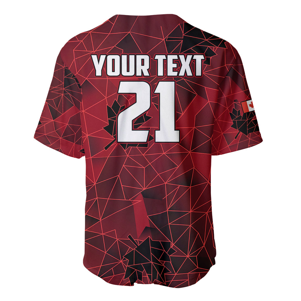 Back of ladies Canada soccer baseball jersey, maroon geometric print, 'YOUR TEXT 21'