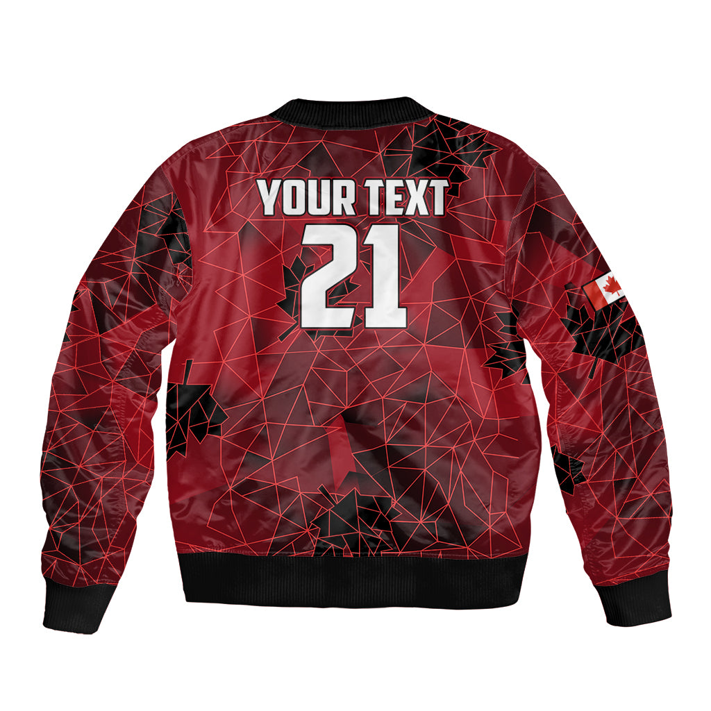Red bomber jacket back with 'YOUR TEXT' and 21, geometric pattern, Canada crest patch