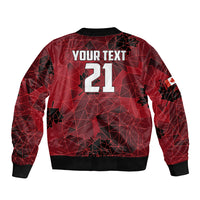 Red bomber jacket back with 'YOUR TEXT' and 21, geometric pattern, Canada crest patch