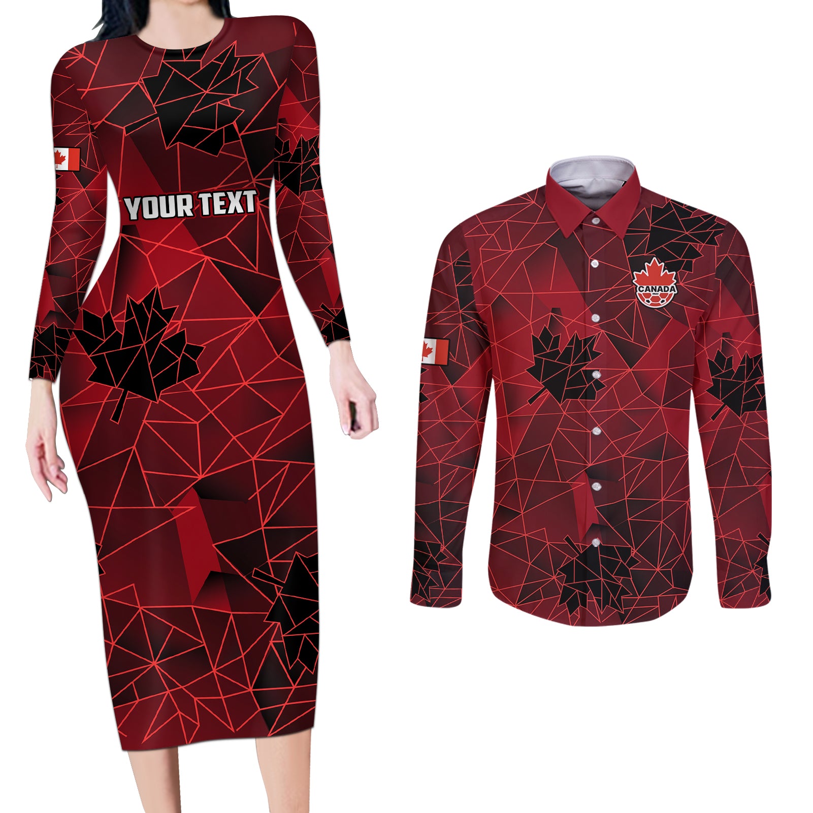 Custom Canada Soccer Couples Matching Long Sleeve Bodycon Dress and Long Sleeve Button Shirts Ladies Replica 2023 National Team LT9 - Wonder Print Shop