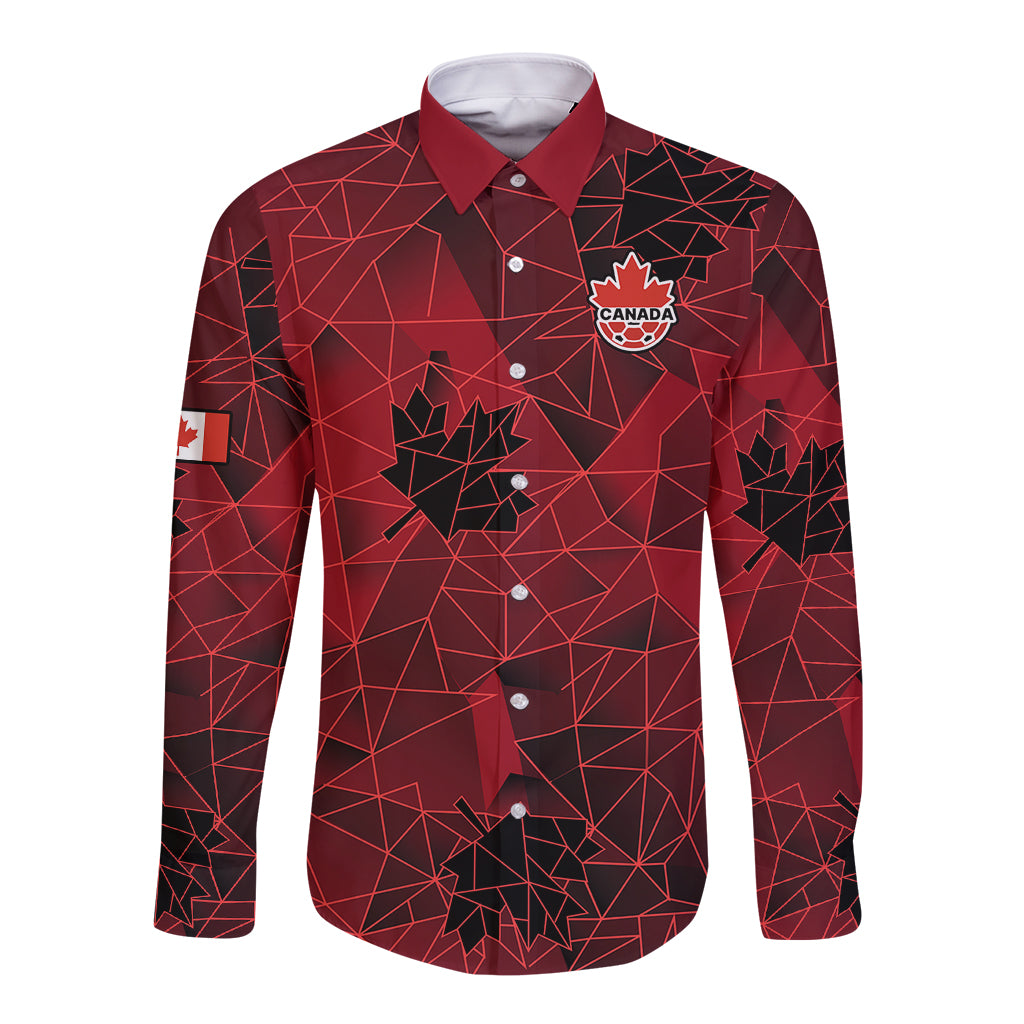 Red long sleeve button shirt with geometric pattern and Canada crest on chest