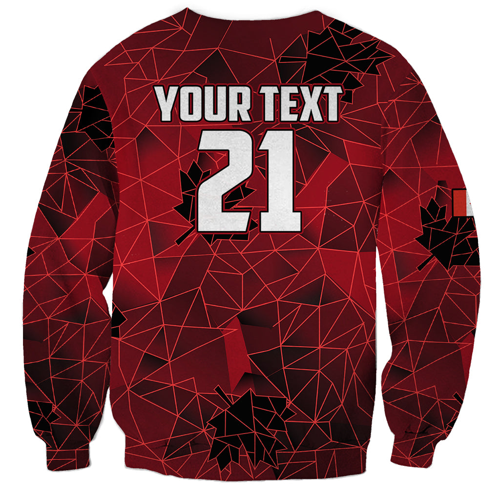 Red crewneck sweatshirt back with YOUR TEXT 21 and geometric map pattern