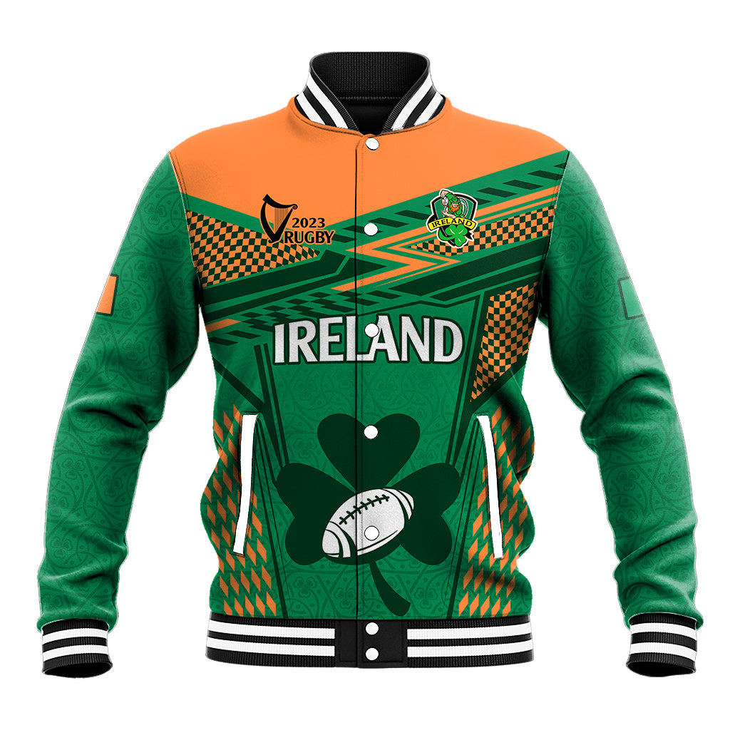 Green and orange Ireland rugby baseball jacket with striped ribbed collar and hem