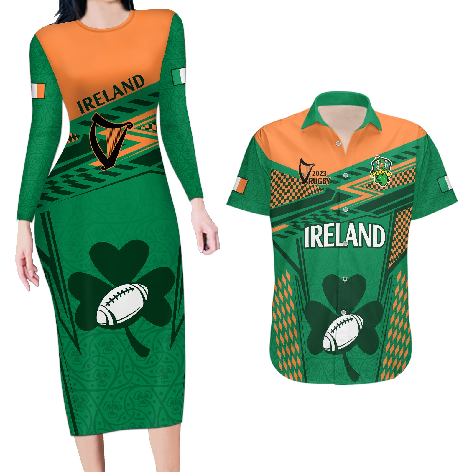 Ireland Rugby Couples Matching Long Sleeve Bodycon Dress and Hawaiian Shirt 2023 World Cup Shamrock Sporty Style LT9 - Wonder Print Shop