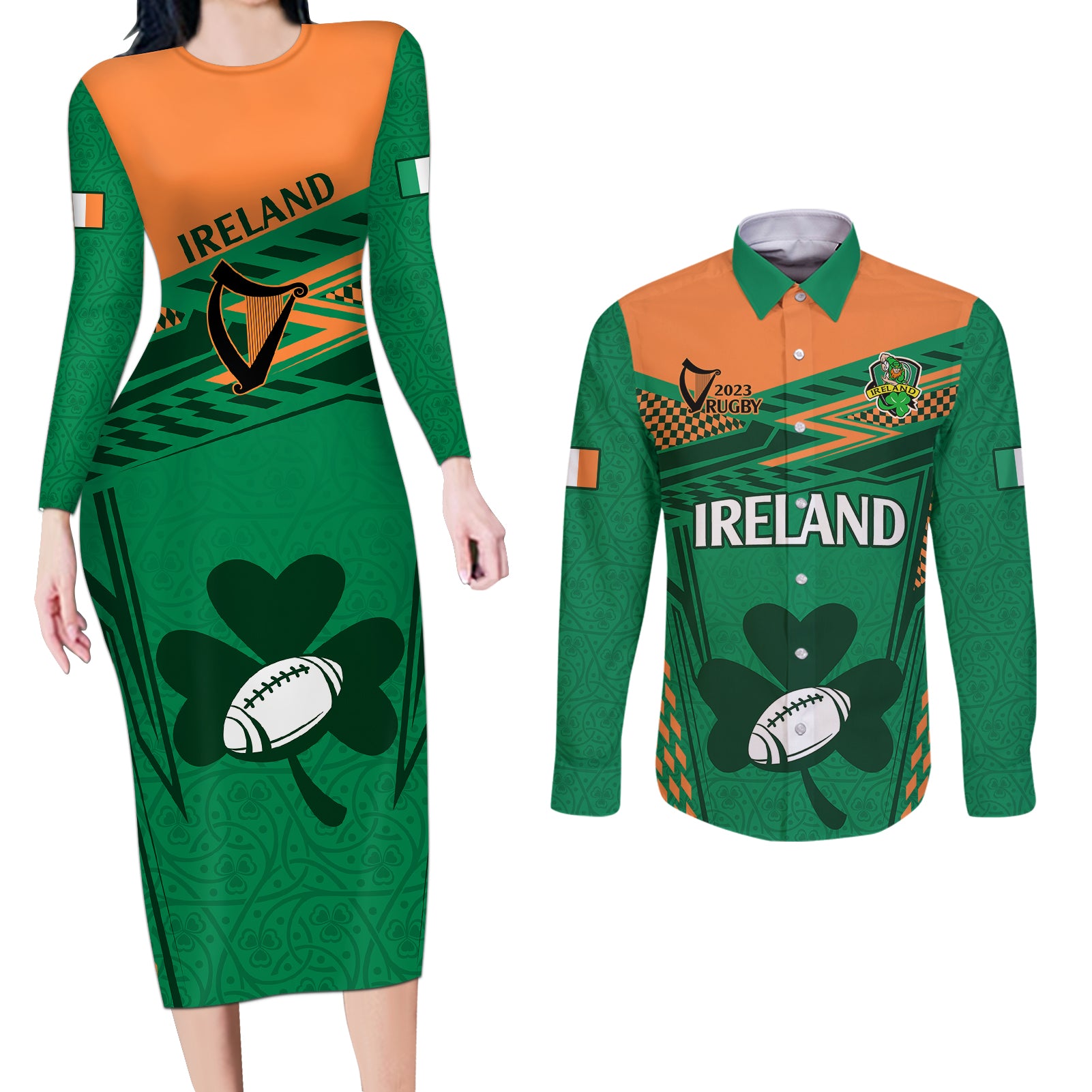 Ireland Rugby Couples Matching Long Sleeve Bodycon Dress and Long Sleeve Button Shirts 2023 World Cup Shamrock Sporty Style LT9 - Wonder Print Shop