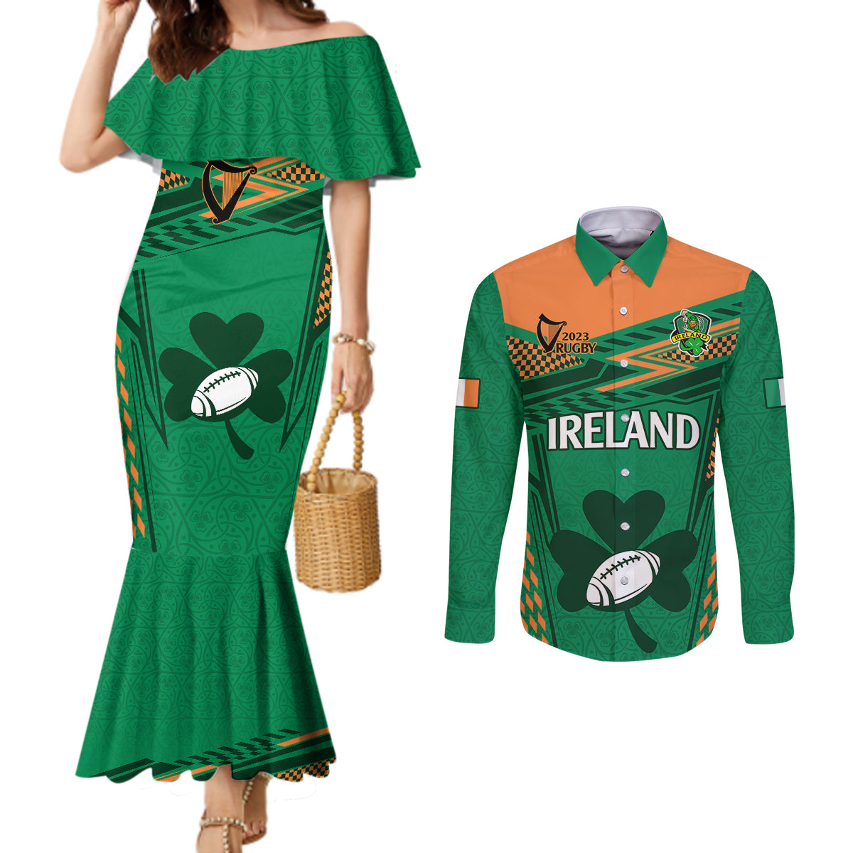 ireland-rugby-couples-matching-mermaid-dress-and-long-sleeve-button-shirts-2023-world-cup-shamrock-sporty-style