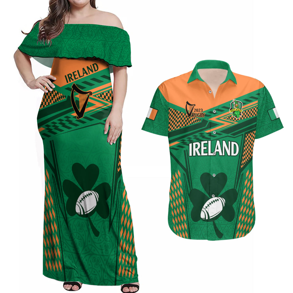 Ireland Rugby Couples Matching Off Shoulder Maxi Dress and Hawaiian Shirt 2023 World Cup Shamrock Sporty Style LT9 - Wonder Print Shop