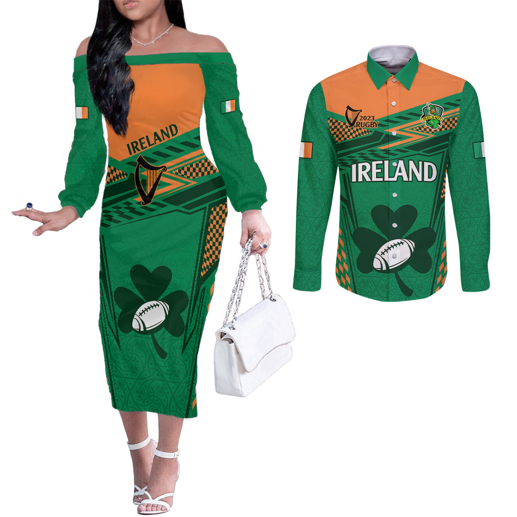 ireland-rugby-couples-matching-off-the-shoulder-long-sleeve-dress-and-long-sleeve-button-shirts-2023-world-cup-shamrock-sporty-style