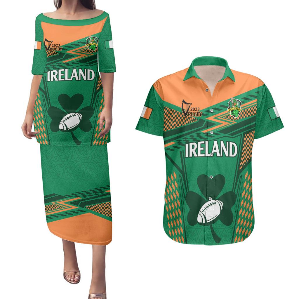 Ireland Rugby Couples Matching Puletasi Dress and Hawaiian Shirt 2023 World Cup Shamrock Sporty Style LT9 - Wonder Print Shop