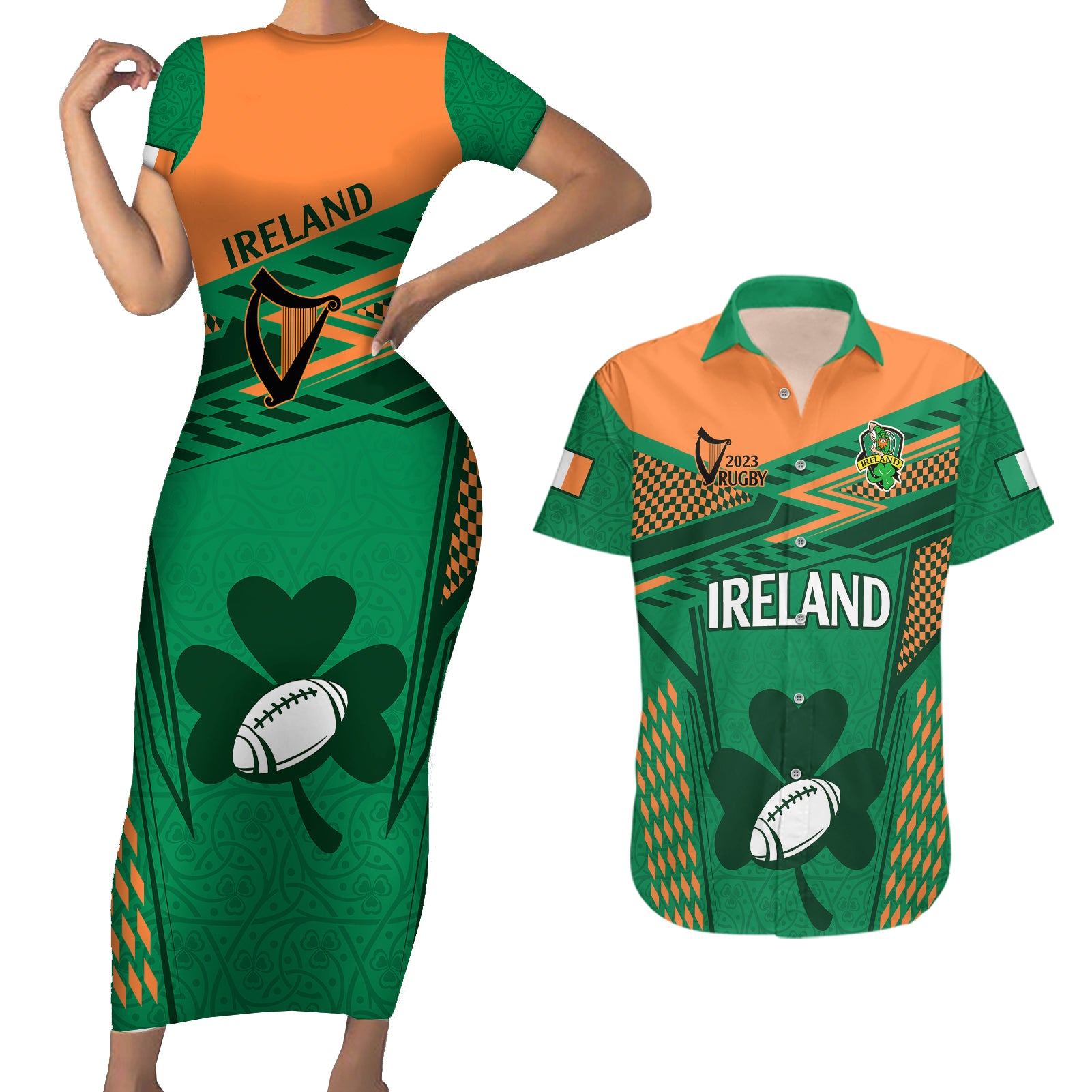 Ireland Rugby Couples Matching Short Sleeve Bodycon Dress and Hawaiian Shirt 2023 World Cup Shamrock Sporty Style LT9 - Wonder Print Shop