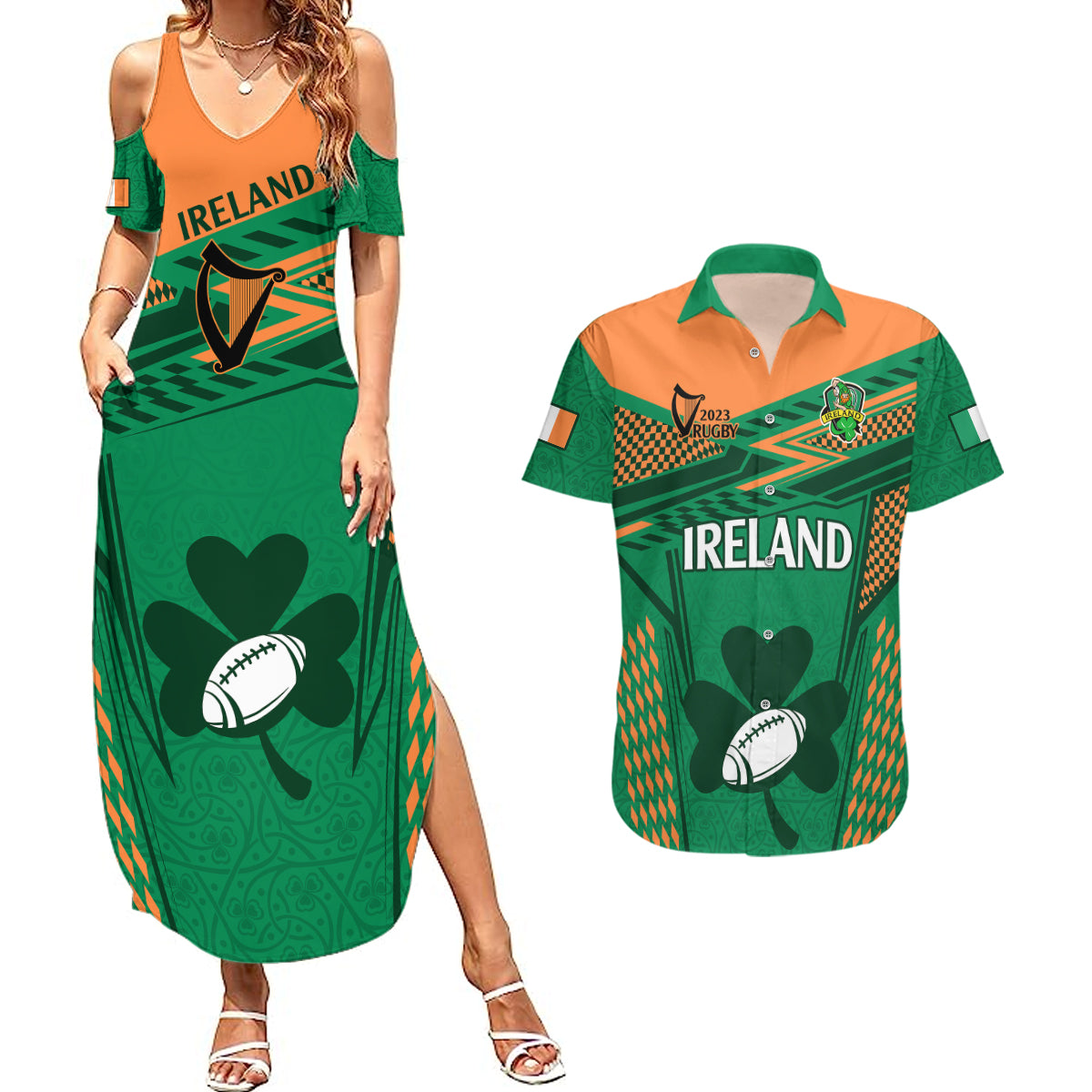 Ireland Rugby Couples Matching Summer Maxi Dress and Hawaiian Shirt 2023 World Cup Shamrock Sporty Style LT9 - Wonder Print Shop