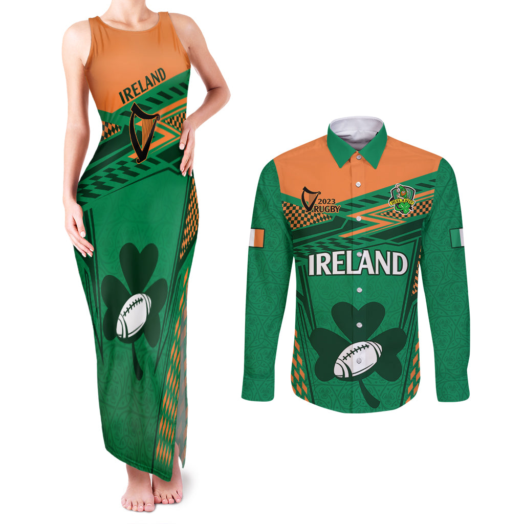 Ireland Rugby Couples Matching Tank Maxi Dress and Long Sleeve Button Shirts 2023 World Cup Shamrock Sporty Style LT9 - Wonder Print Shop