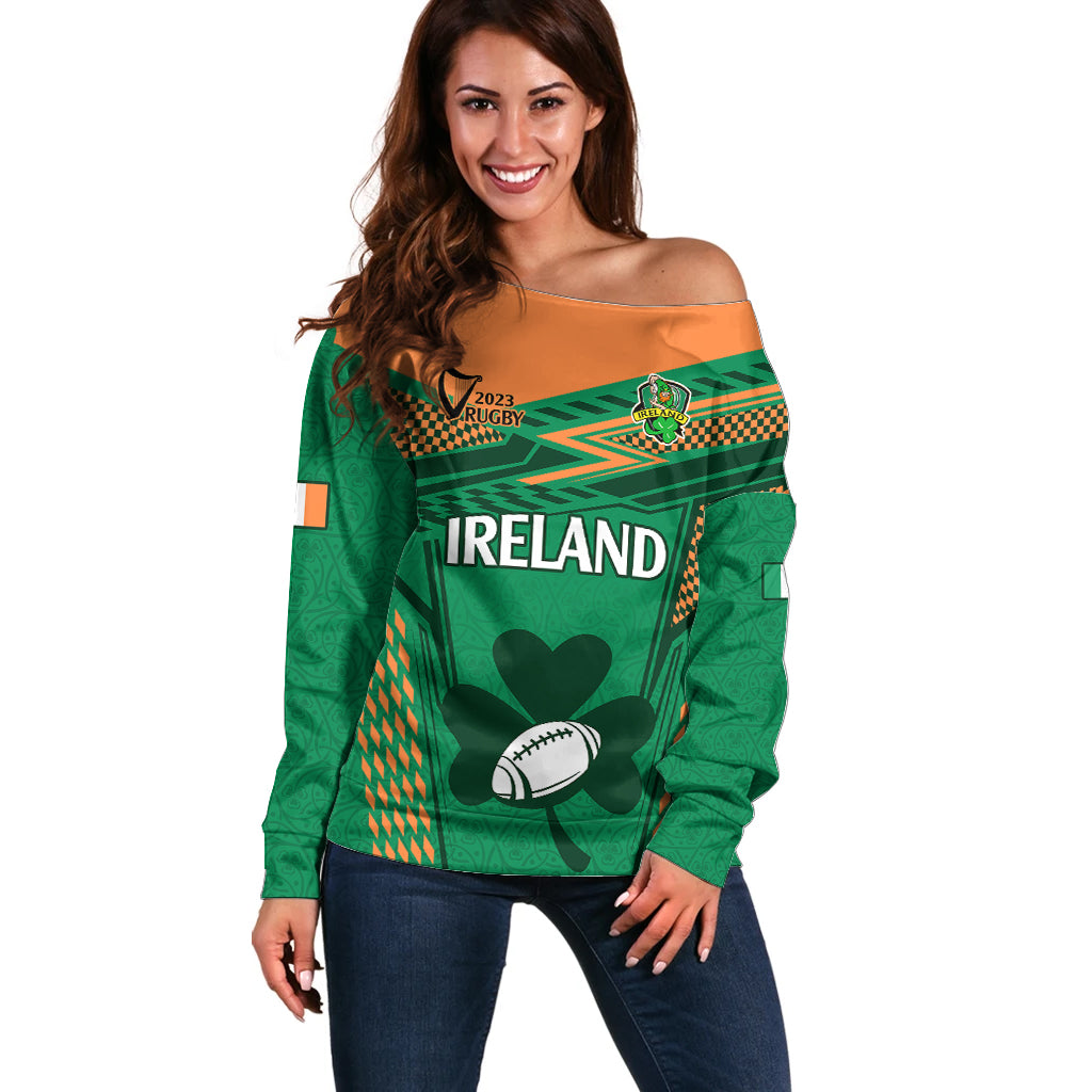 Ireland Rugby Off Shoulder Sweater 2023 World Cup Shamrock Sporty Style - Wonder Print Shop