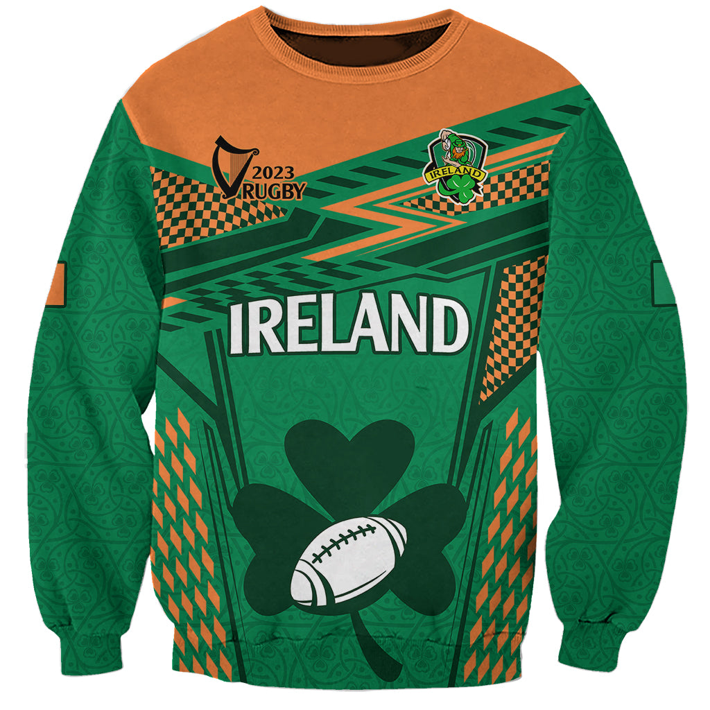 Green crewneck rugby sweatshirt with orange yoke; Ireland graphic, clover and football