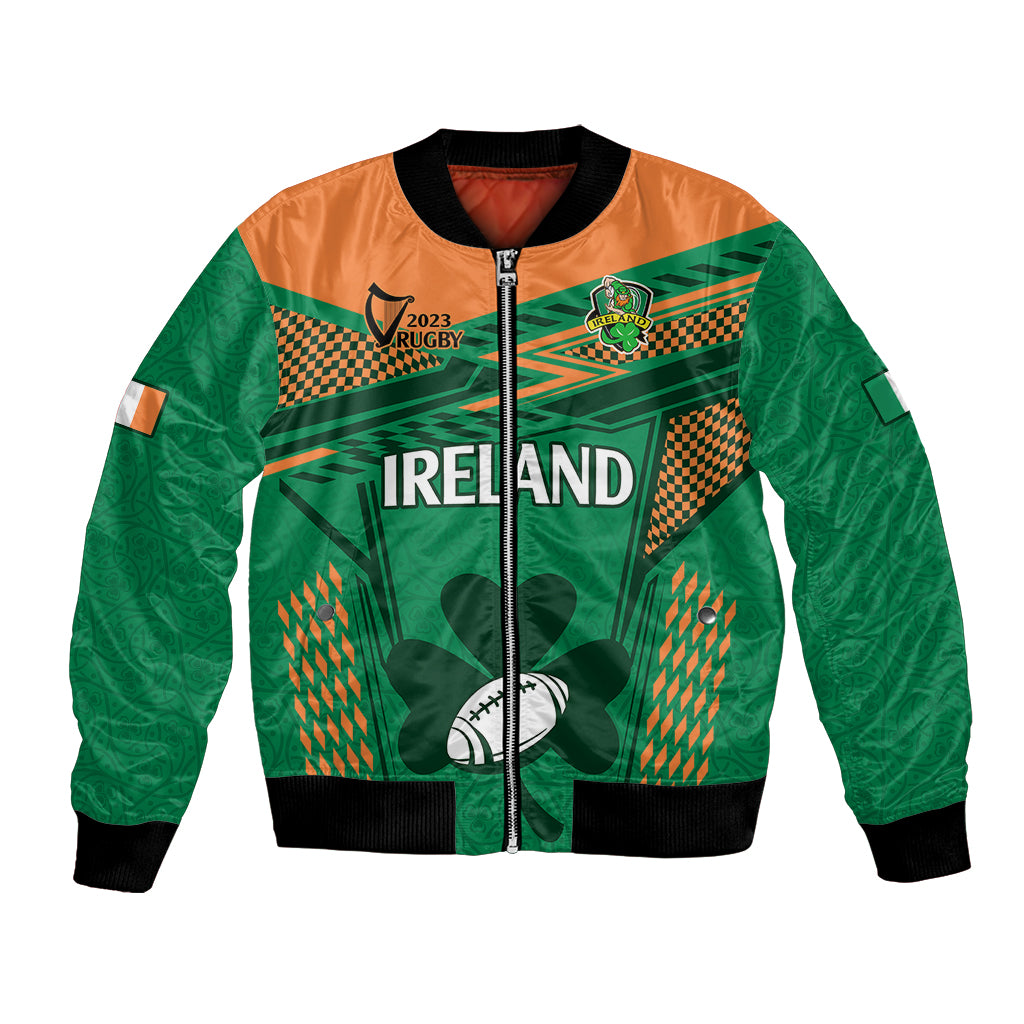 Green and orange bomber jacket with full-zip, checkered shamrock rugby graphic