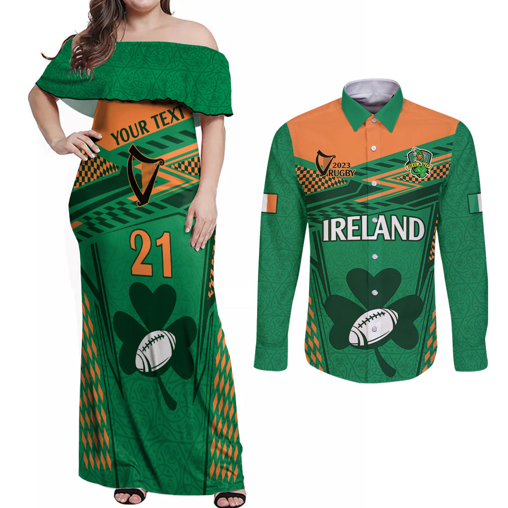 Custom Ireland Rugby Couples Matching Off Shoulder Maxi Dress and Long Sleeve Button Shirts 2023 World Cup Shamrock Sporty Style LT9 - Wonder Print Shop