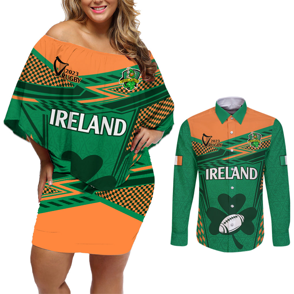 Custom Ireland Rugby Couples Matching Off Shoulder Short Dress and Long Sleeve Button Shirts 2023 World Cup Shamrock Sporty Style LT9 - Wonder Print Shop