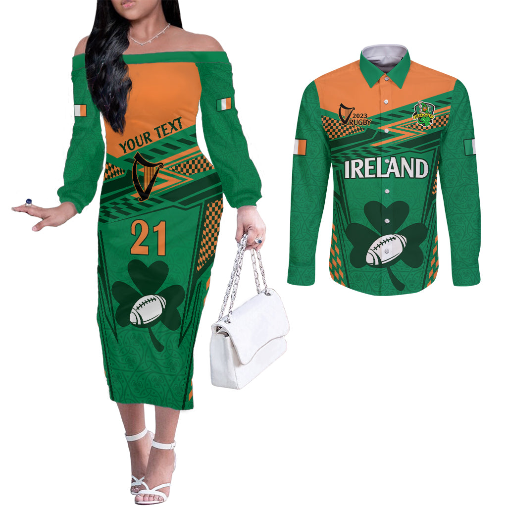 custom-ireland-rugby-couples-matching-off-the-shoulder-long-sleeve-dress-and-long-sleeve-button-shirts-2023-world-cup-shamrock-sporty-style