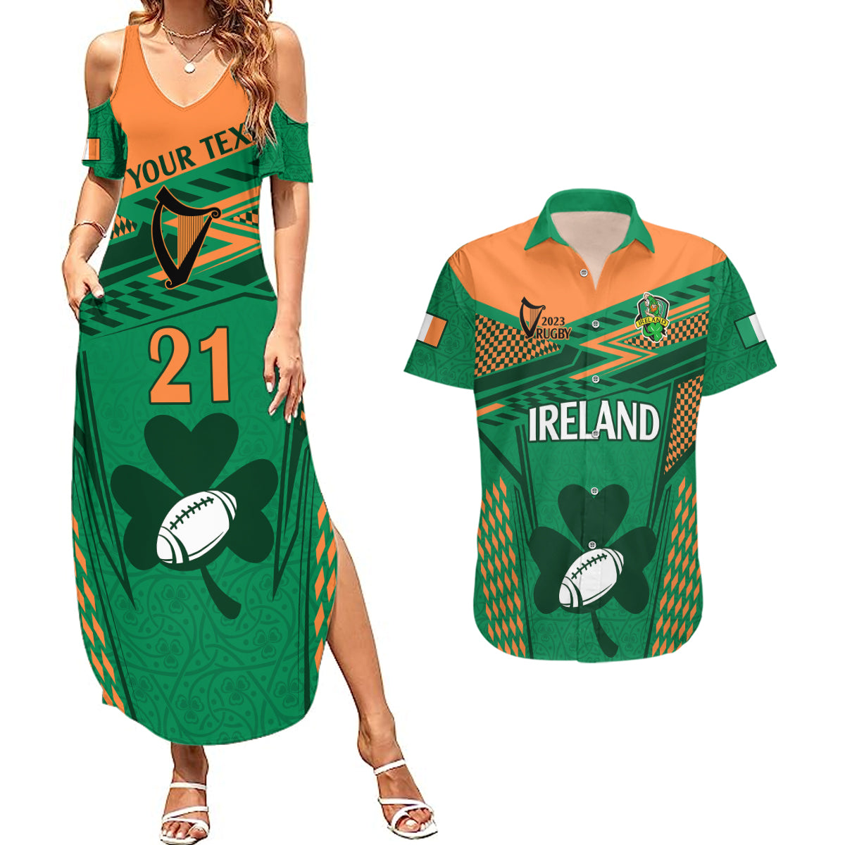 Custom Ireland Rugby Couples Matching Summer Maxi Dress and Hawaiian Shirt 2023 World Cup Shamrock Sporty Style LT9 - Wonder Print Shop