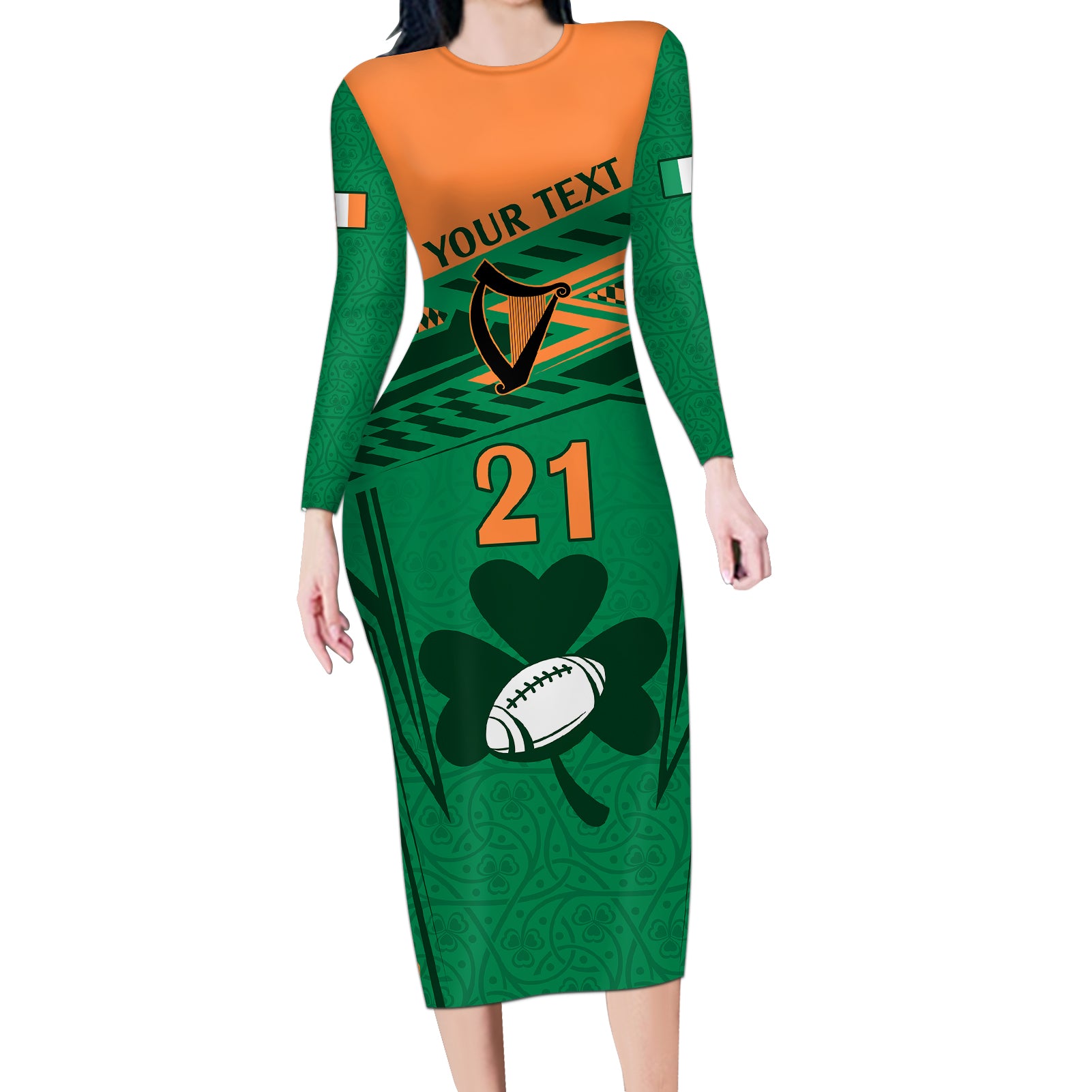 Custom Ireland Rugby Long Sleeve Bodycon Dress 2023 World Cup Shamrock Sporty Style - Wonder Print Shop