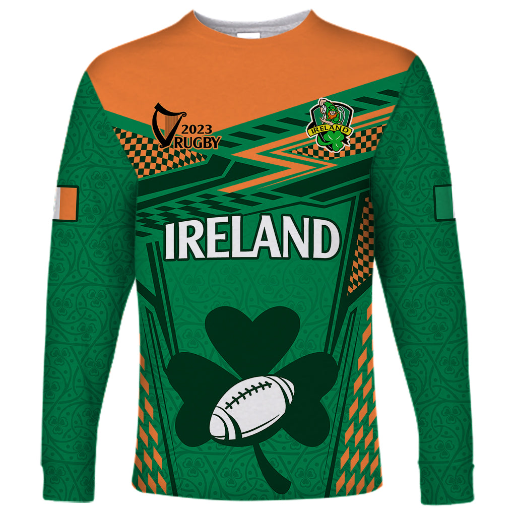 Green rugby long-sleeve shirt with Ireland crest, shamrock and rugby ball