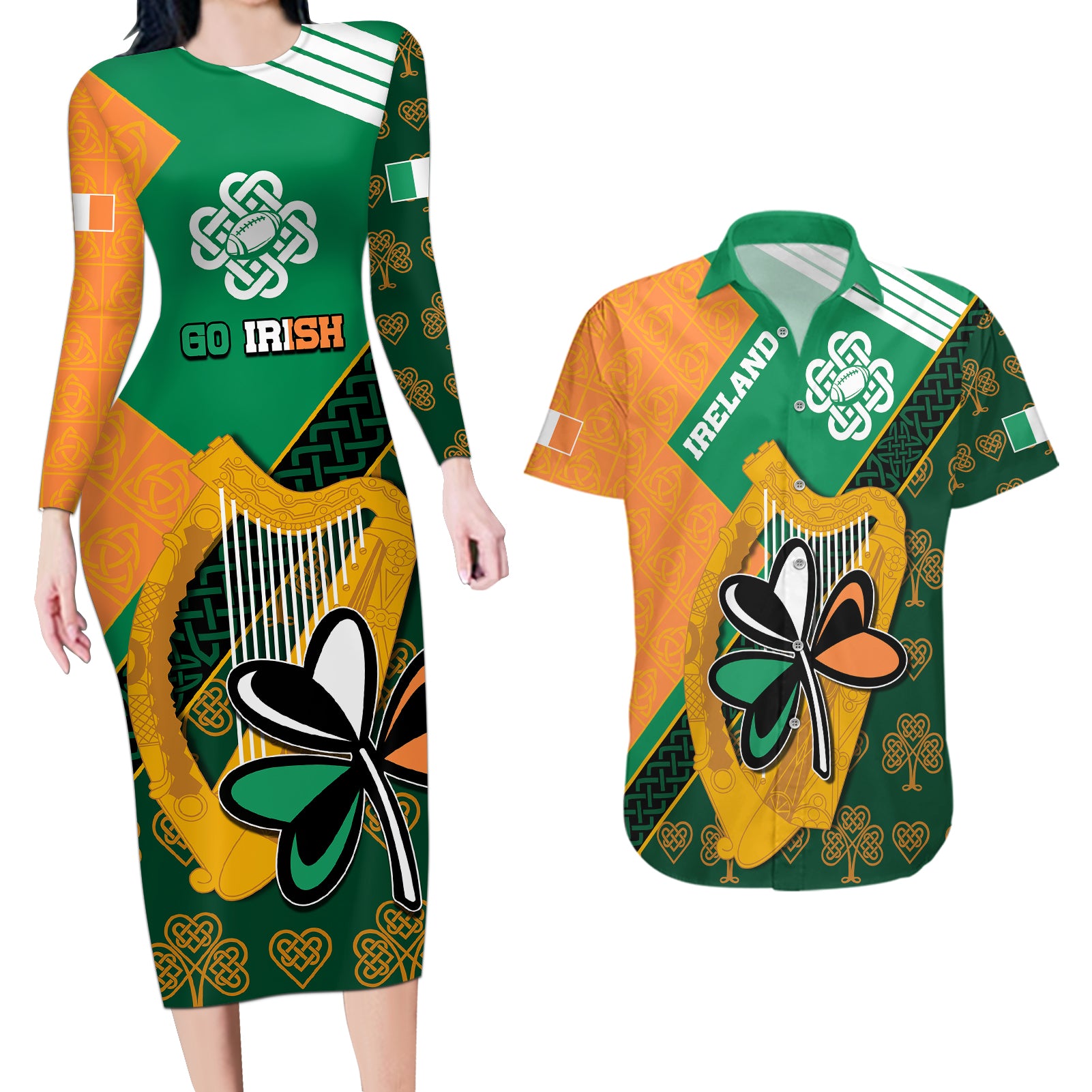 Ireland Rugby Couples Matching Long Sleeve Bodycon Dress and Hawaiian Shirt Go Irish Shamrock World Cup LT9 - Wonder Print Shop